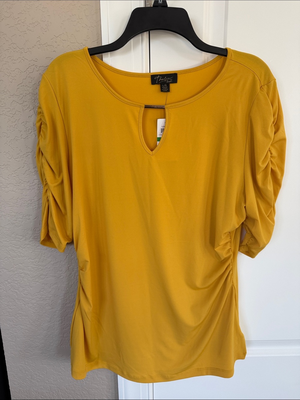 Thalia Sodi Mustard Keyhole Ruched Sleeve Top